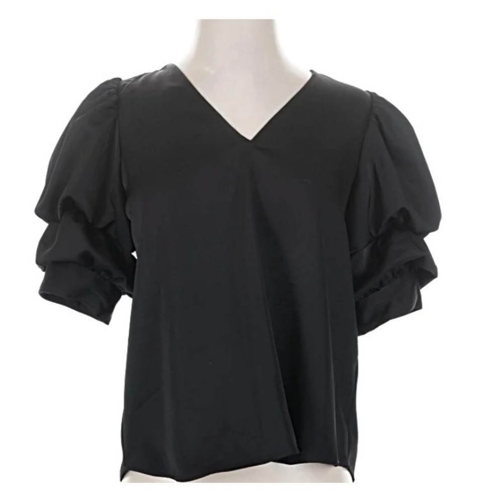1.STATE Womens Black V-Neck Tiered Puff Sleeve Blouse Top Size M